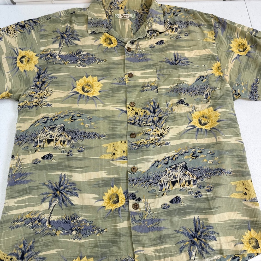 Tommy Bahama Mens Large Silk Tropical Scenic Grass Hut Floral Camp Shirt Green